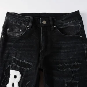 Street Jeans Embroidered Letters Ripped Messy Thread Patch Stretch Slim Fit Pants Casual Cotton Black Denim