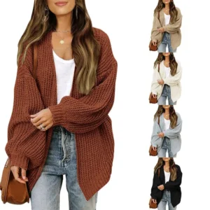 Women'sLanternSleeveChunkyKnitCardigan2025AutumnWinterPocketKnitSweaterWomen'sCoatWomen'sCableKnitCardiganKnitwearWomenswearGift