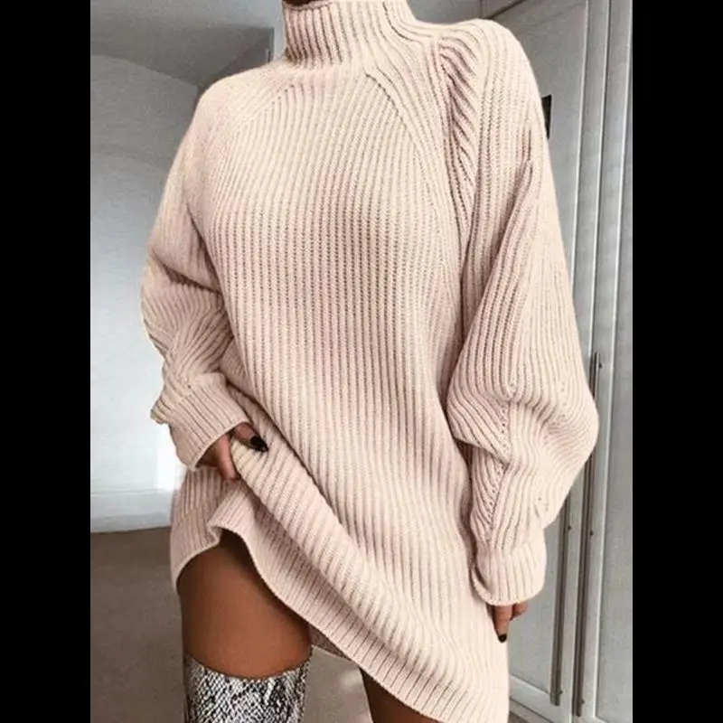 Plus Size Solid Color Casual High Neck Loose Knit Sweater Dress, Women's Fall & Winter Fashion Knitwear, Comfortable Long Sleeve Pullover
