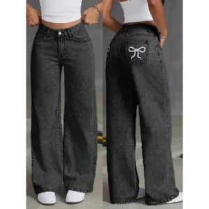 Women's High Waist Wide Leg Jeans, Embroidered Bow Detail, Light Blue, Casual Loose Fit, Machine Washable, Comfortable Daily Wear