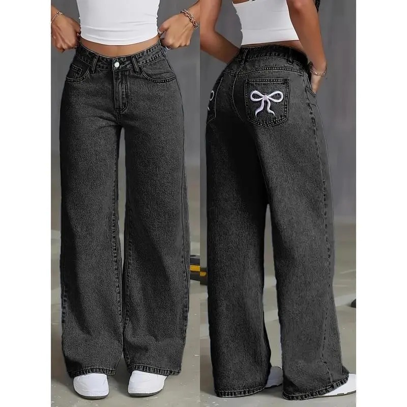 Women's High Waist Wide Leg Jeans, Embroidered Bow Detail, Light Blue, Casual Loose Fit, Machine Washable, Comfortable Daily Wear