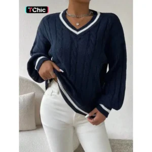 Women's Contrast Binding Drop Shoulder Sweater, Casual V Neck Cable Knit Jumper for Fall & Winter, Fashion Women's Knitwear for Daily Wear, Tops