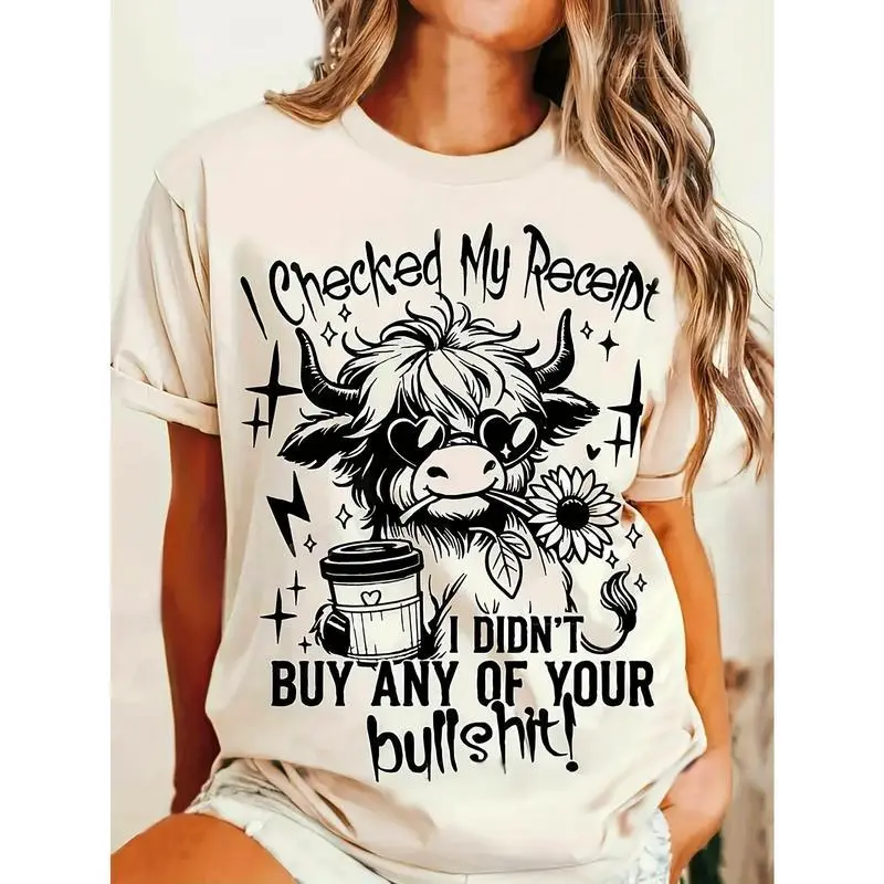 Allseason Wear | Women's Highland Cow Graphic T-Shirt, 100% Crew Neck Short Sleeve Tee, Casual Knit Fabric Top with Alphabet Pattern, Regular Fit All-Season Shirt