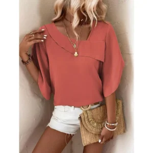 Solid Asymmetrical Neck Petal Sleeve Blouse for Stylish Women - Perfect for Casual and Formal Wear Top Fit Shirts Fabric Womenswear Polyester Comfort Basic Minimalist Redwood