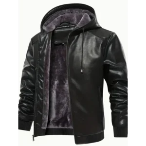 Men's Solid Color PU Leather Hooded Fashion Outdoor Jacket, Windproof And Waterproof Fashion Jacket Softshell And Fleece Jacket