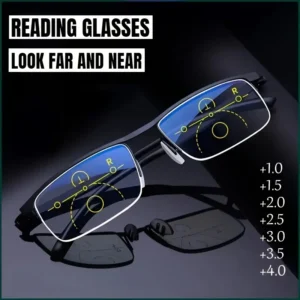 2-in-1 Progressive Multi-Focus Reading Glasses with Metal Half Frame, Square Shape, Resin Lenses, 3 Color Options, Includes Case, Classic Fashion, Progressive Reading Glasses Black Unisex Eyeglass For Astigmatism Bifocals