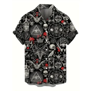 Men's Retro Style Skeleton Skull And Bat Pattern Short Sleeve And Button Up Lapel Shirt, Novel And Stylish Tops For Summer Street And Holiday Wear Menswear Tropical