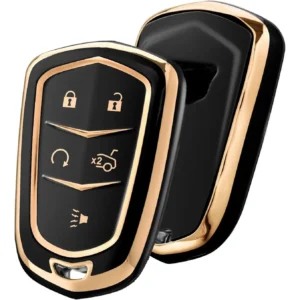 Key Fob Cover for Cadillac, Key Fob Case for 2015-2019 Cadillac Escalade CTS SRX XT5 ATS STS CT6 5-Buttons Premium Soft TPU 361 Degree Full Protection (Gold Edge Black) cerberus necklace undefined