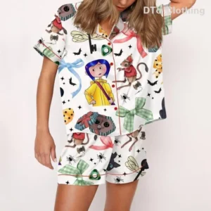 Coraline Satin Pajama Set For Women, Print Comfy Satin Sleepwear & Loungewear , Nightwear, Womenswear , Classic GlamourWave44www-1238