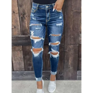 Women's Ripped Mid-Rise Boyfriend Loose Fit Distressed Stretch Jeans vial necklaces