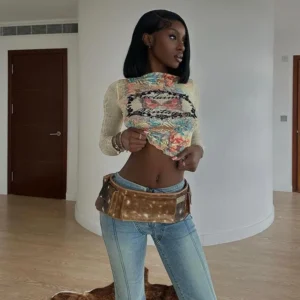 JY24519 Autumn Women's Fashion European and American Style Retro Elegant Slim Fit Printed Mesh T-Shirt Top for Women