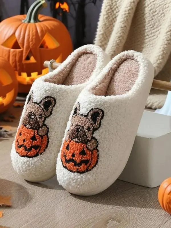 ComfortableThickSoleNon-SlipPumpkinDogSlippers,WhiteCuteandStylishHomeFootwearforFall&Winter,PlushWarmCozyHouseShoesforMenandWomenBlouses & Shirts