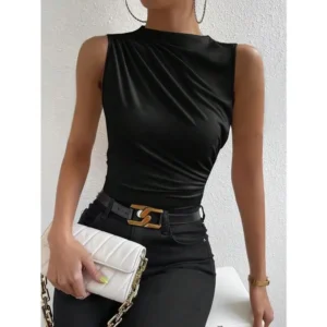 Mock Neck Ruched Tank Top Fabric Fit