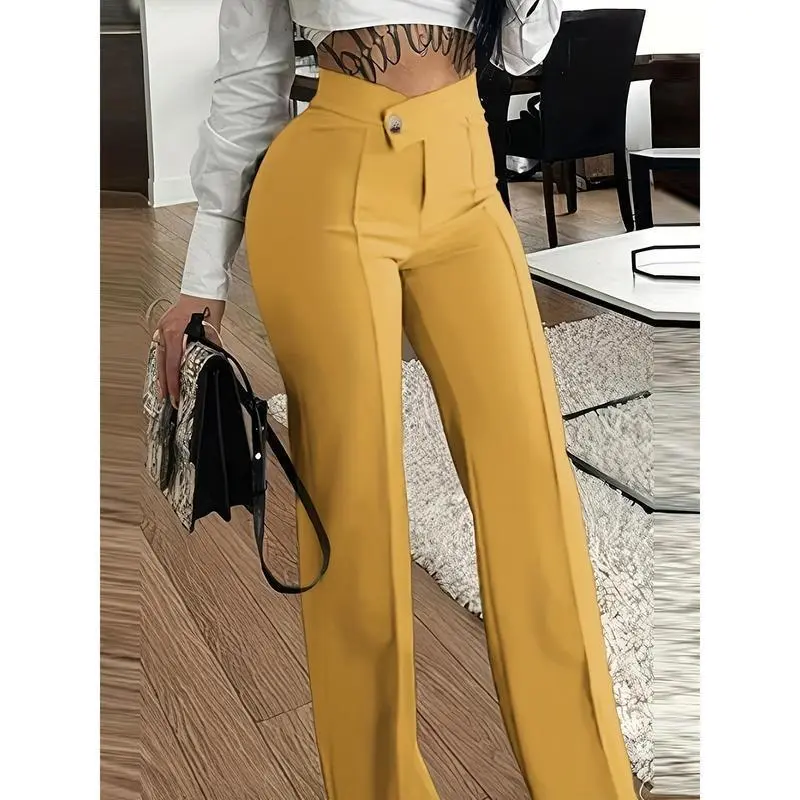 Elegant High-Waist Straight Leg Pants for Women - Versatile Solid Color, Comfort Fit with Button Detail, Perfect for All Seasons Casual Flap Pocket Chic