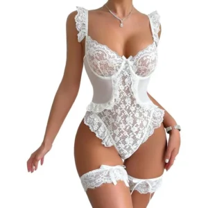 Women  Lingerie Bodysuit Floral Lace Teddy Babydoll Snap Crotch Ruffle One count with Thigh Bands