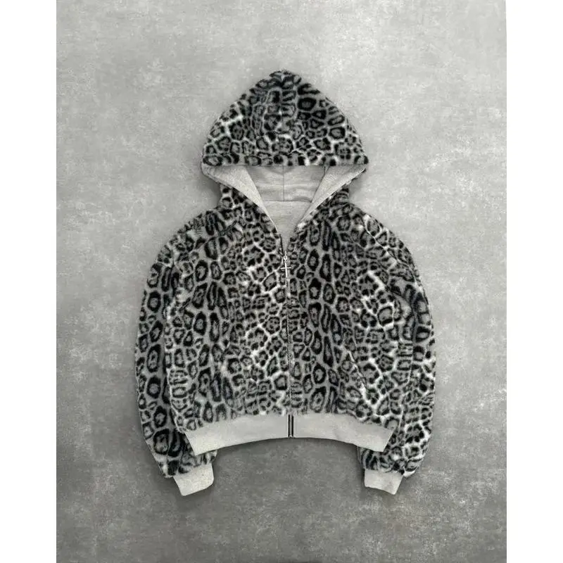 New Two-sided Clothing Harajuku Retro Leopard Print Fashionable Loose Zipper Hoodie Men Street Hip-hop Casual Sweatshirt Women Menswear Tops Streetwear Gamis