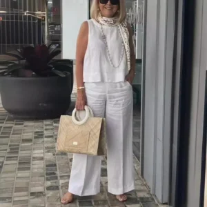 Women's Spring/Summer Sleeveless Solid Color Cotton Linen Set