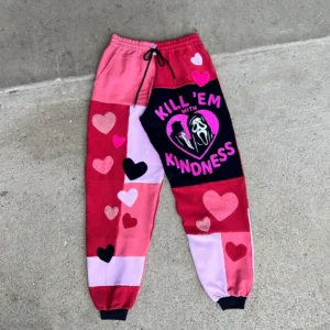 Sustainable gothic patchwork jogger pants, spooky streetwear perfect for Halloween matching looks..