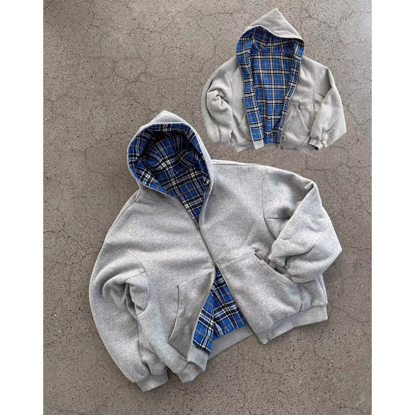 2025 New Style Zippered Hooded Sweatshirt - Harajuku Extra Large Reversible Hooded Sweatshirt - Suitable for both men and women - Streetwear with checked lining - Patchwork double-sided cardigan hoodie - Trendy - American Retro - Loose Hooded Jacket