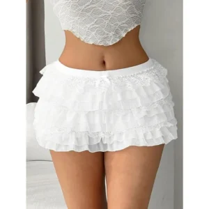 1pc Women'S Lace Trim Ruffle Skirt, Low Waist Knit Style Short Skirt with Lace Detailing, Solid Color, All Seasons