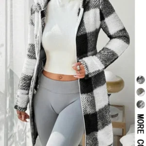 Women's Plaid Fleece Long Sleeve Hooded Coat, Casual Style, Moderate Fabric Thickness, All Seasons Wear, Comfortable Fit