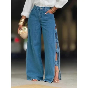 Hollow Out Split Handmade Three-Dimensional Flower Women's Jeans Halloween Clothes Womenswear wear High-Waisted Slim Straight Jeans  women corduroy Gingham Print Straight Leg  Waist Ruffle Cargo Capris  Contrast Trim Button Flare  free wide pants summer