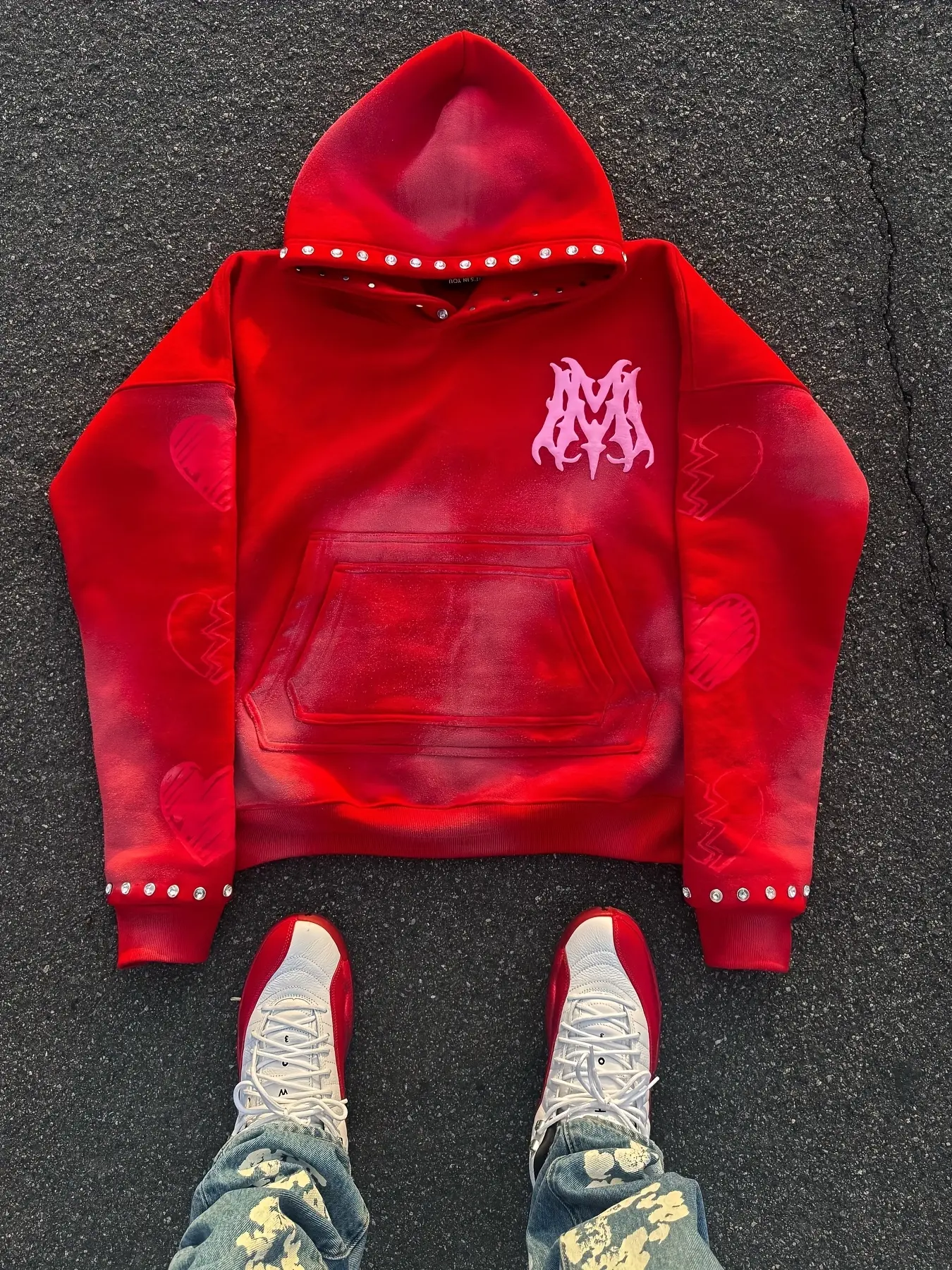 Pullover hoodie with broken heart sleeve print studded details gothic flame letter graphic streetwear sweatshirt