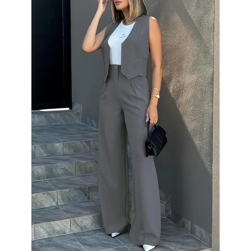 Solid Two-piece Set, Elegant Button Front Vest & Wide Leg Pants Outfits - Women's Clothing - Chic & Stylish - For Casual & Formal Occasions - Perfect Gift for Women