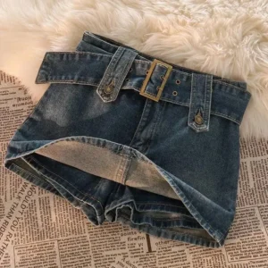 Vintage Denim Mini Skirt Women Summer Sexy Solid Color Belt Denim Skirt Women Casual Ball Gown Korean Slim A- line Dress Womenswear Bottoms Minimalist Black Basic Palda