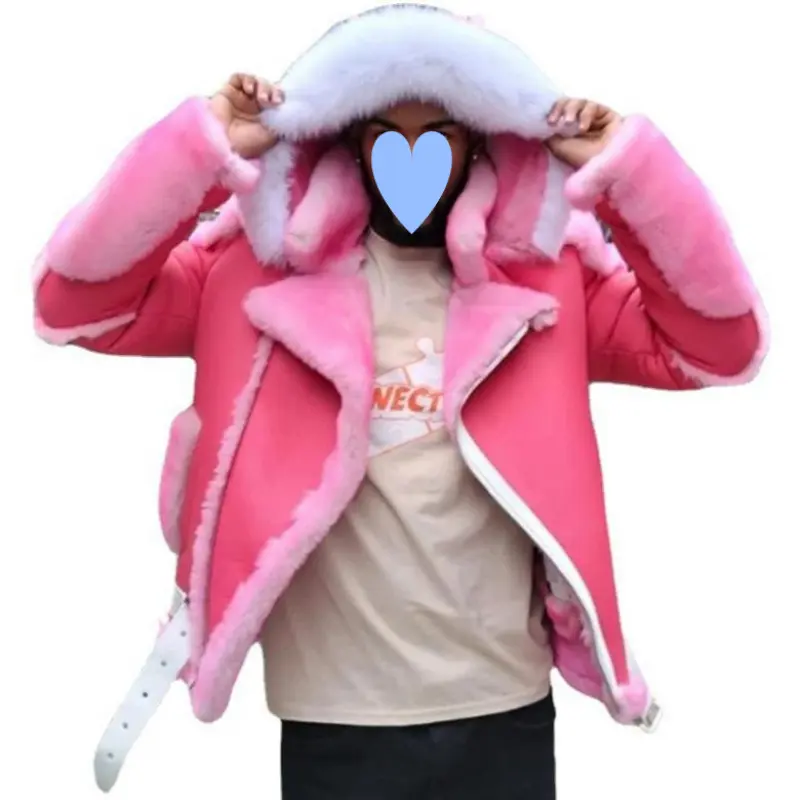 International Style High-End Pink Fur Coat for Men Trendy Winter Leather Jacket Menswear Tops Long Sleeve Bestie Wetsuit Beige Casual Plain