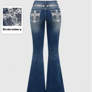 Vintage Cross Wings Embroidery Flared Jeans for Women,Slim Fit,Button/Zipper, Drop Waist,Navy Blue,Spring/Fall Casual Wear baggy jeans Plus Size Ruched Front Zipper Pants go  clam  dep jeans Bottom Womenswear