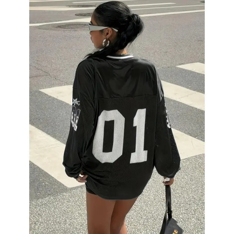 Women's Athletic V-Neck Mesh Jersey T-Shirt - Black & White Number 01 Print, Loose Fit, Long Sleeve, Knit for Spring/ Fabric Tops Casual Fashion Comfy Casual Breathable