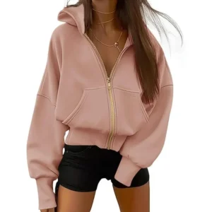 Women's Maroon Zip-Up Hoodie with Golden Zippers - Casual Long Sleeve Jacket, Front Pockets, Ribbed Cuffs, Stretchy Polyester Blend for Spring & Fall, Full Zip Hoodie Womenswear Sweatshirts Solid Knit