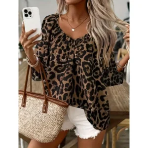 Women'S Leopard Print V-Neck Blouse - Stylish Ruched Pullover with Long Sleeves, Brown & Black Animal Pattern, Casual Spring/Fall Top for Casual Attire, Leopard Print Blous Shirts Womenswear