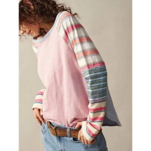 Boho Women's Raglan Sleeve Striped Casual Loose Round Neck Long Sleeve T-Shirt Top Womenswear