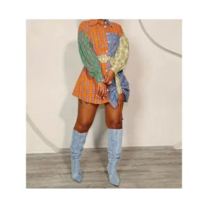 Plaid Printed Color-Matching Dress, Casual Long Sleeve Button Front Belt Dress, Women's Clothing Chic Elegant Women's round Neck Woven Fabric Summer