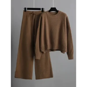 Women's Casual Knitwear Set - Cozy Long Sleeve Crew Neck Sweater & Wide-Leg Pants, Solid Color, Polyester