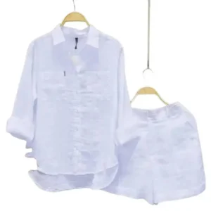 Fashion White Long Sleeve Women Shirts And Shorts Two Piece Sets Summer Pocket Casual Home 2 Piece Set For Women Outfit