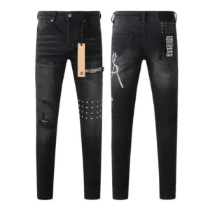 2025 Men's Retro Pure Black Men Jeans  Cross Paint Hole Trend Low Rise Skinny Denim Pants Pleated Ripped Frayed Trousers 3015