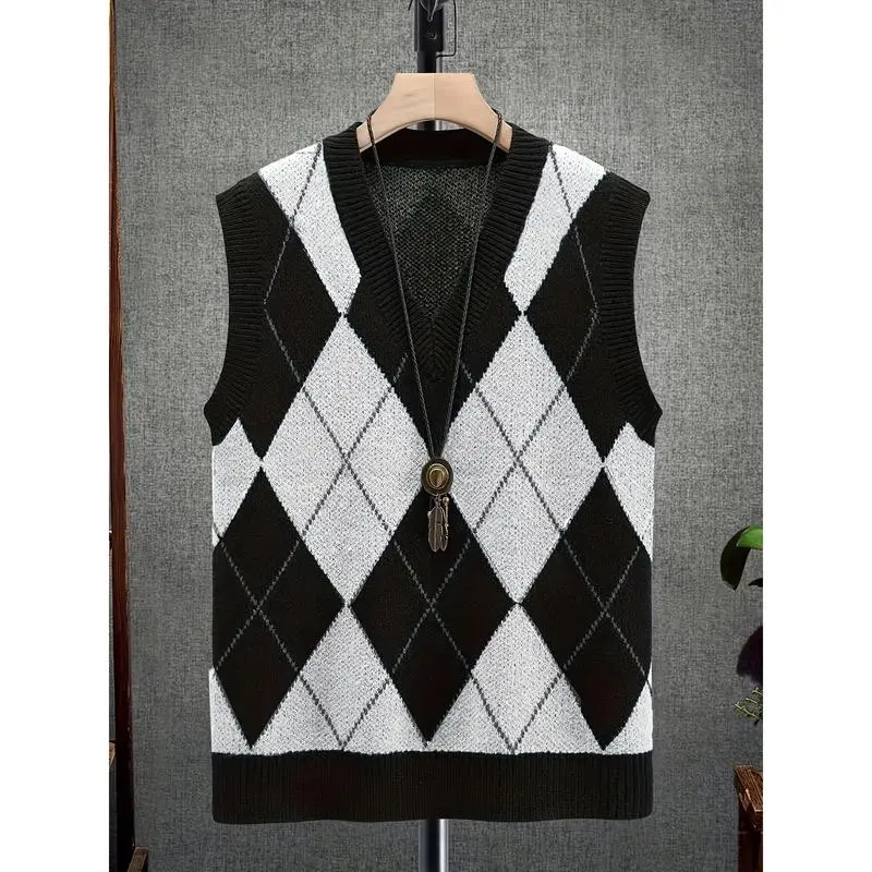 Men'sFashionKnitVest,CasualPolyesterV-Neck,StretchyArgylePattern,Sleeveless,All-Season,RegularFit,KnittedSweaterCardiganBlouses & Shirts
