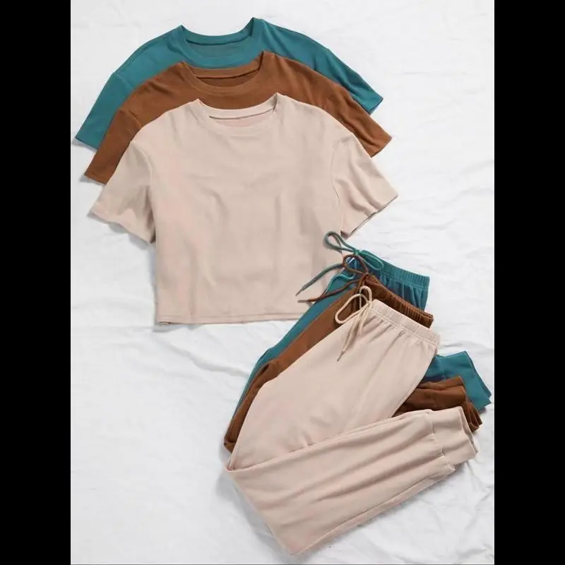 Women's Solid Pants Set, Casual Chic Short Sleeve Crop Top & Tie Front High Waist Pants, Knitted Co Ord Set, Summer Clothes for Daily Wear, Downtown Girl Clothes