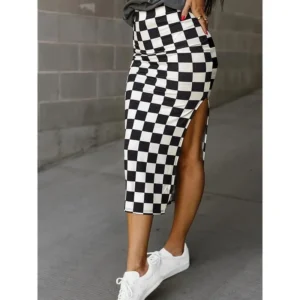 Black & White Slimming A-line Midi Skirt - Elegant Women's Checkered Print with Side Slit - Machine Washable, Casual Style, Perfect for Fall, Autumn Bottoms Knit Womenswear Fabric