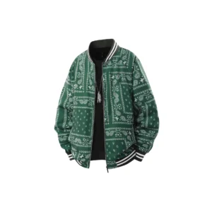 Men's Heavy-Duty Interwoven Fabric Coat with Blue & White Paisley Print - Full-Zip Jacket, Stand Collar & Plush (Rabbit/)