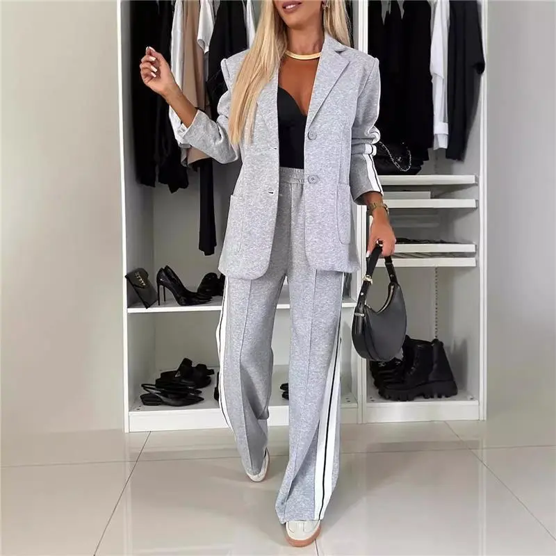 Women's Striped Side Sporty Tape Notched Collar Front Button Blazer Wide-Leg Pants with Pockets Pants Set