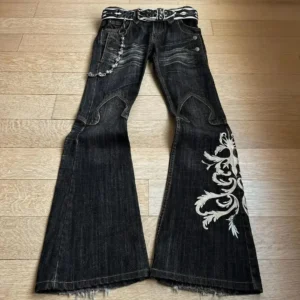New men's hip-hop heavy embroidery jeans, punk-style flared pants, Y2K millennium washed jeans, dark style jeans, street fashion and trendy items, suitable for all seasons.