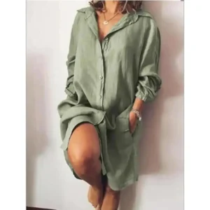 2025 new autumn womens cotton linen mid-length long sleeve solid color cardigan single-breasted Shirt classic dress