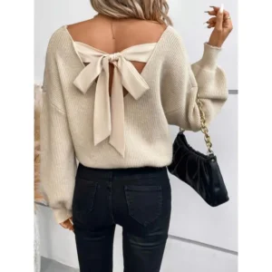 Tie Back V Neck Sweater - Backless, Long Sleeve, Sexy, Fall and Winter Essential, Women's Clothing for Chic and Confident Look