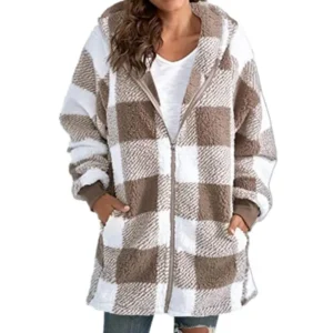 2025 Women's Plush Jacket Autumn New Long Sleeve Plaid Hooded Zipper Pocket Loose Jacket Womenswear Coats Casual Outerwear