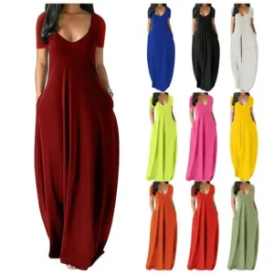 2025 Summer plus Size Women's Clothes Solid Color Deep V Short Sleeve Maxi Dress with Pockets Grad Bash Outfit strawberry  dress hawaii  outfit short sleeve dress summer daily wear puff  dress new arrival prom  dress  girl linen dress vestidos  largos