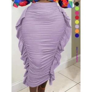 Women's Plain Ruffled Sheath Skirt, Casual Fashion High Waist Midi Skirt Suitable for Daily Outdoor Wear, Women's Spring and Autumn Bottoms